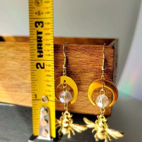 Handmade Gold Tone 'Moon drops and Honey' Bee Earrings w/ SS 925 ear hooks - Picture 2 of 2